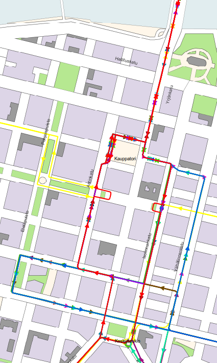 Joukkoliikenteen reitit kauppatorin ympärillä ja keskustassa Kesäkävelykatujen ajan 4.7.-5.8.2018