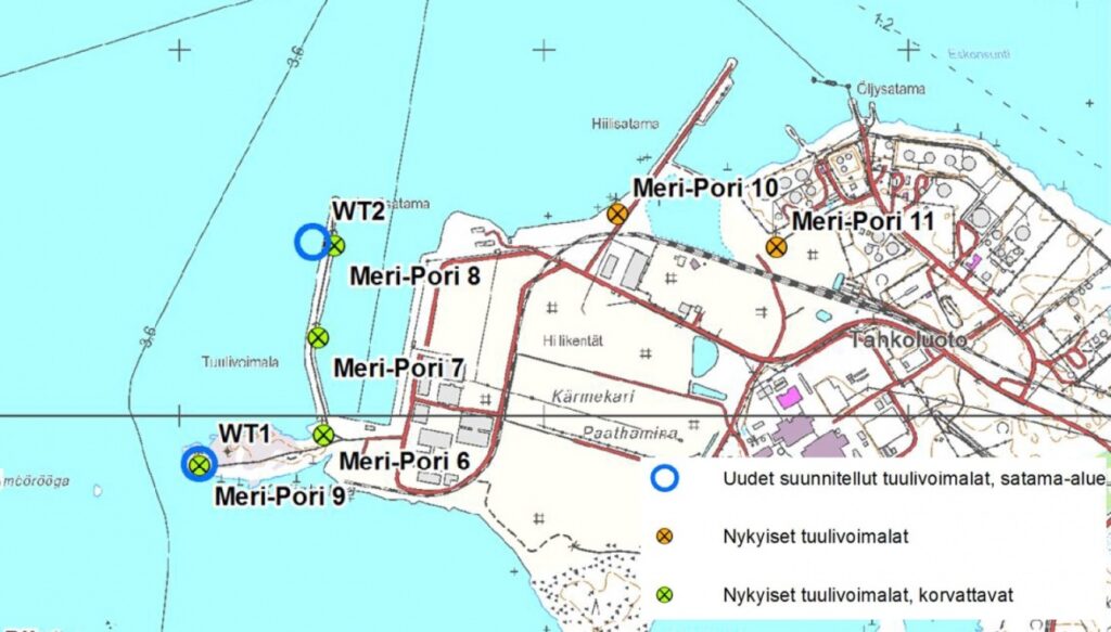 Tuulivoimaloiden sijoittuminen kartalla.