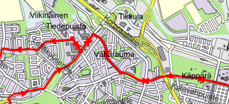 Linjan 7 reittikartta Vähäraumalla