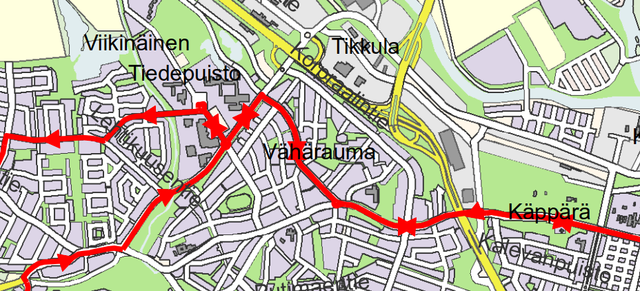 Linjan 7 reittikartta Vähäraumalla