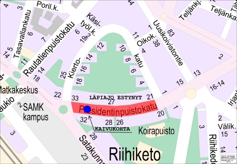 Karttakuva Presidentinpuistokadun vesijohtosaneerauksen työmaasta, syksy 2019