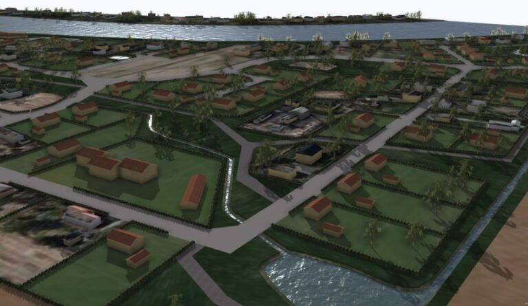 Kuvakaappaus 3D-mallista, näkymä alueelta Kokemäenjoelle