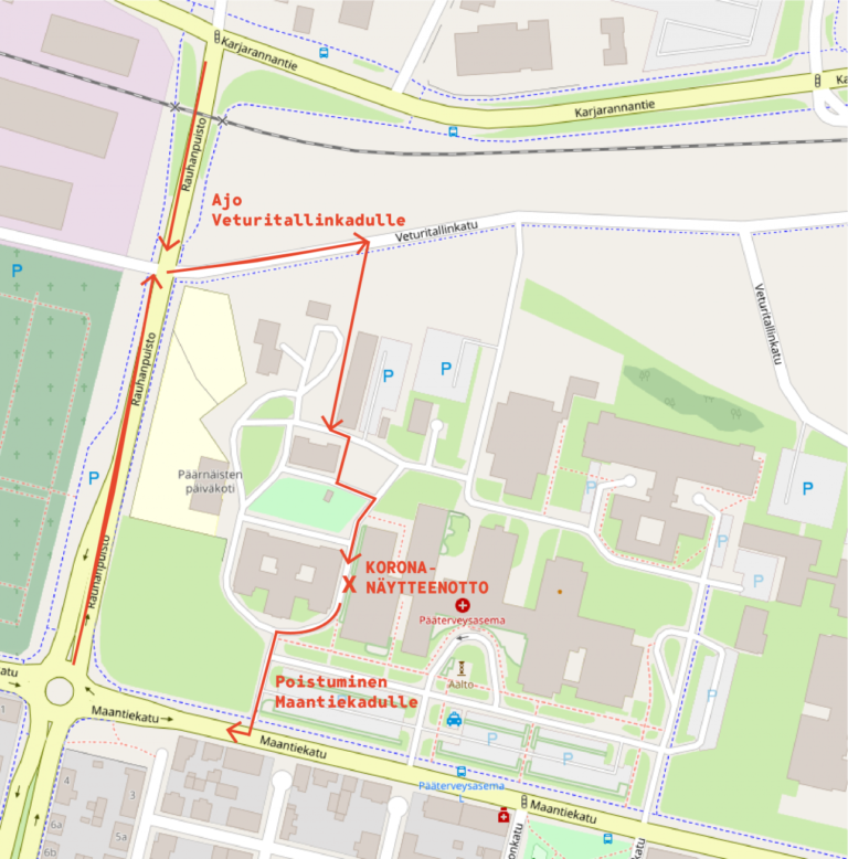 kuvassa Maantiekadun kartta koronanäytteenottoon tulessa