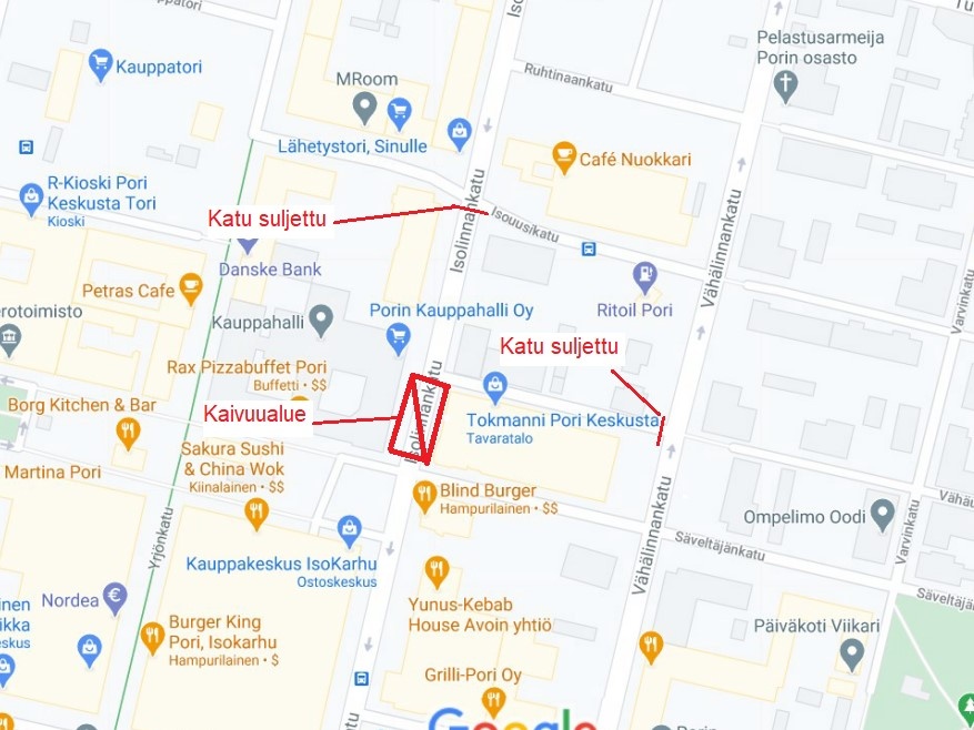 karttakuva Isolinnankadun viemäröintitöistä johtuvista liikkennejärjestelyistä