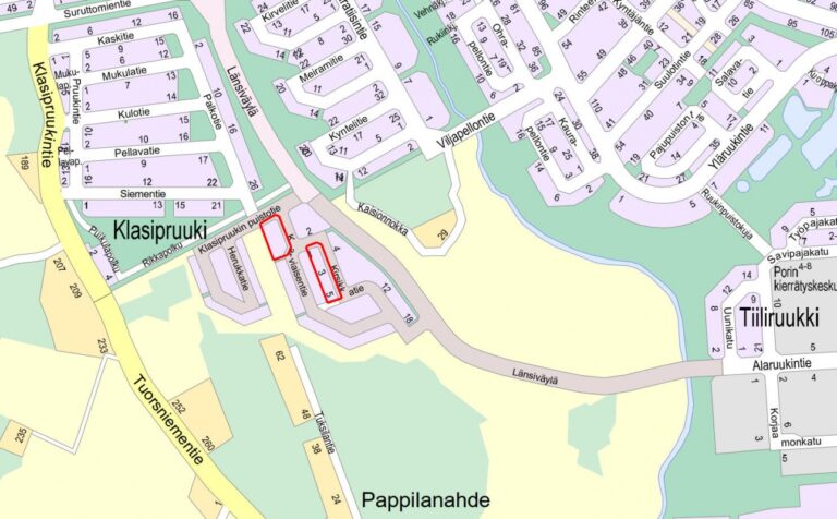 Karttakuva tarjouskilpailuun tulevista Klasipruukin rivitalotonteista, johon on merkitty Karviaisentien ja Kirsikkatien tontit