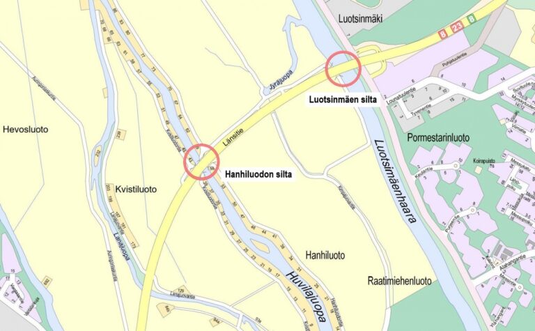 Karttakuva Hanhiluodon ja Luotsinmäen sillat