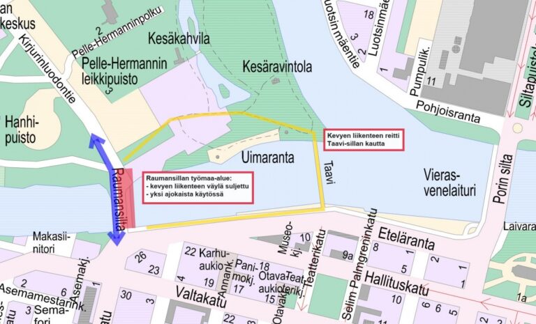 Karttakuva raumansillan liikennejärjestelyistä