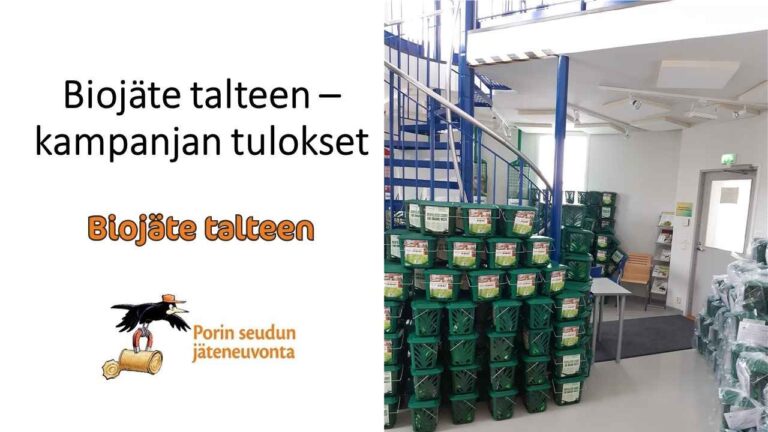 Biojäte talteen -tulokset kuva powerpointin otsikkodiasta, keittiöbiojäteastioita kymmenittäin