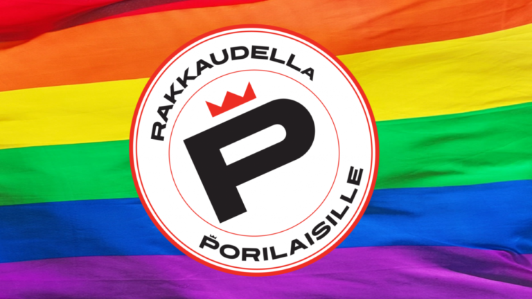 Rakkaudella porilaisille -leima sateenkaarilipun päällä