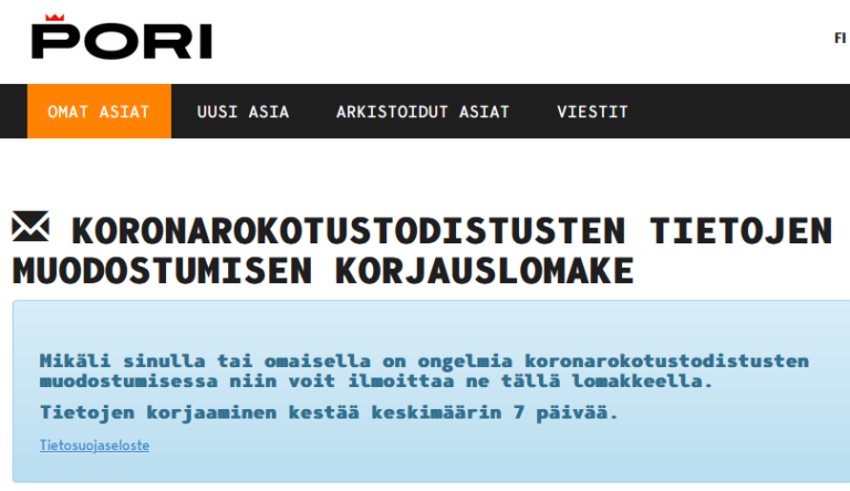 Kuvakaappaus koronatodistuksen korjauslomakkeesta