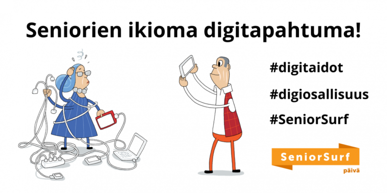 piirretyssä kuvassa ikäihmiset digilaitteiden kanssa