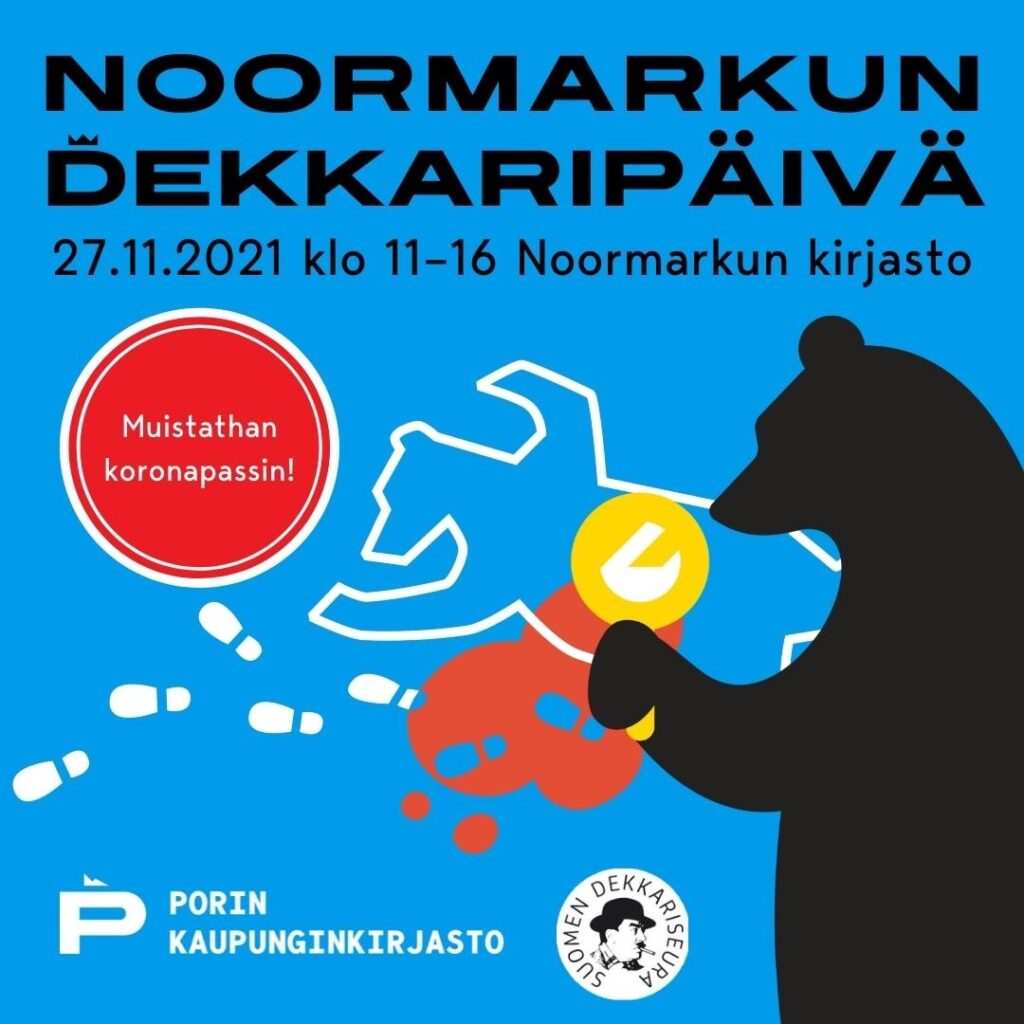 Piirretty kuva jossa karhu tutkii suurennuslasilla maassa olevia jälkiä