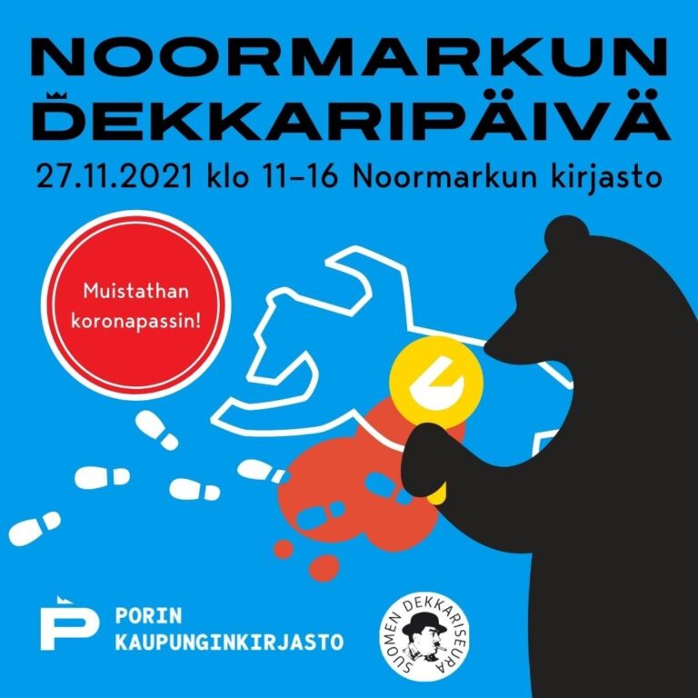 Piirretty kuva jossa karhu tutkii suurennuslasilla maassa olevia jälkiä