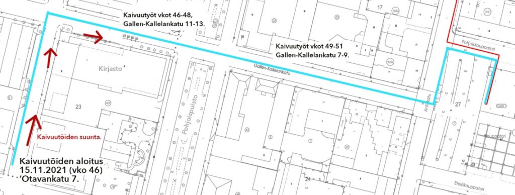 Kartta kaukoviilennyksen kaivuutöistä loppuvuonna 2021