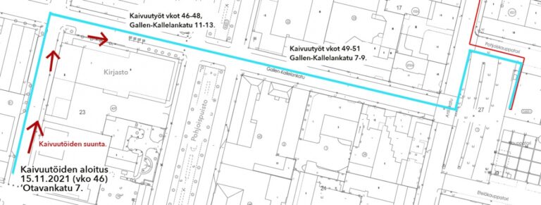 Kartta kaukoviilennyksen kaivuutöistä loppuvuonna 2021
