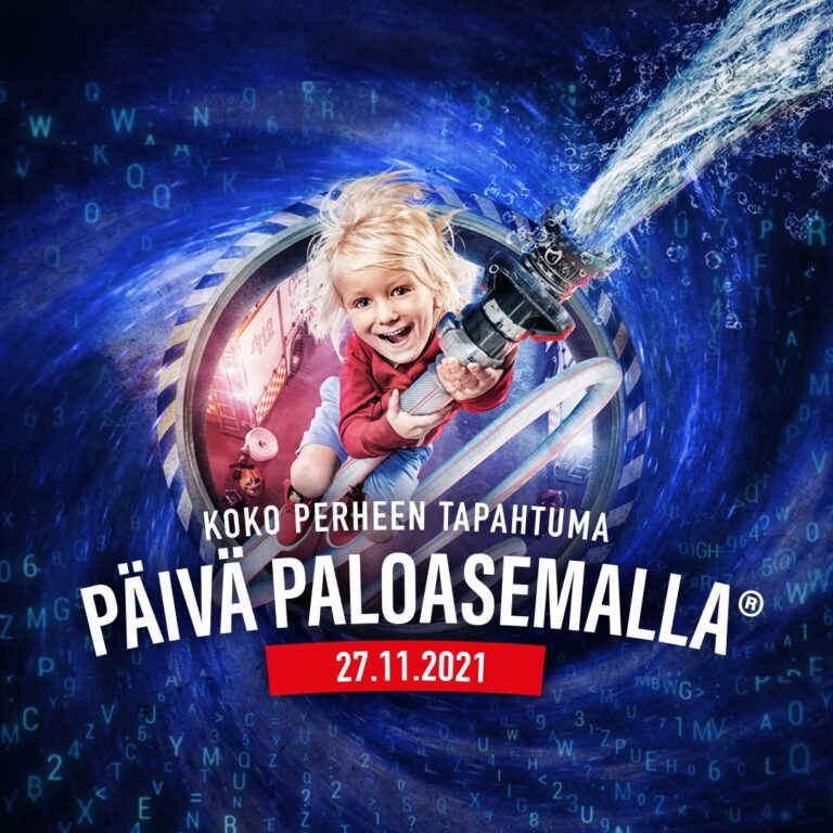 Päivä Paloasemalla -tapahtuman mainos. Kuvassa tyttö pitää suihkuputkea.