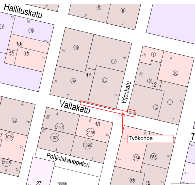 Valtakadun ja Yrjönkadun risteysalueen työkohde kartalla