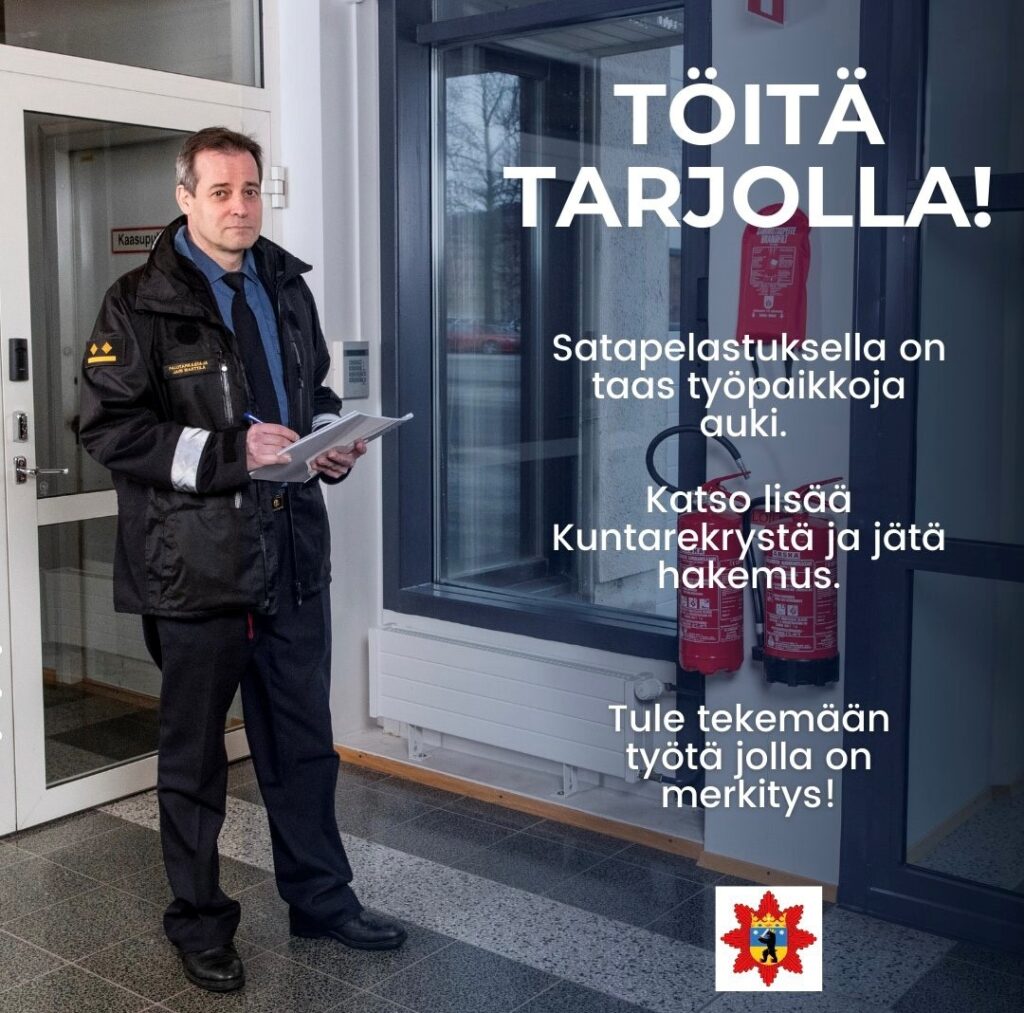 Palotarkastaja työssään. Henkilön vieressä on teksti, jossa lukee "töitä tarjolla".