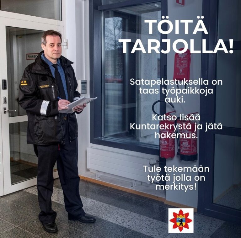Palotarkastaja työssään. Henkilön vieressä on teksti, jossa lukee "töitä tarjolla".