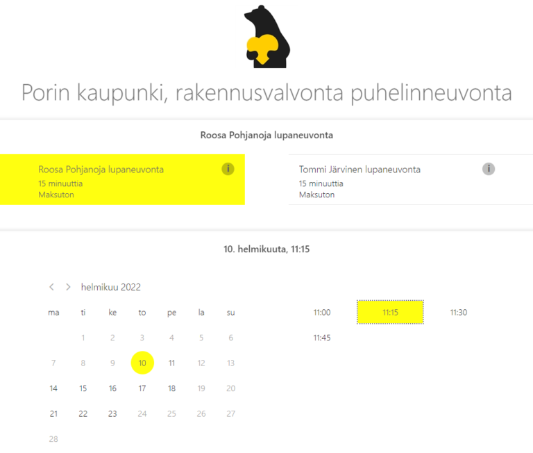 Kuvakaappaus rakennusvalvonnan ajanvarausjärjestelmästä