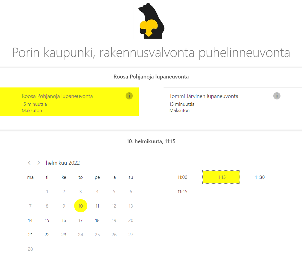 Kuvakaappaus rakennusvalvonnan ajanvarausjärjestelmästä