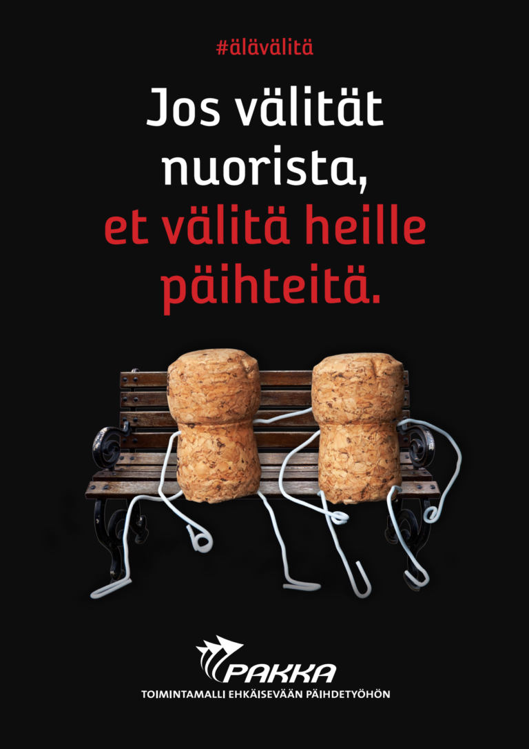 musta juliste jossa kaksi viinikorkkia penkillä ja teksti jos välität nuorista et välitä heille päihteitä