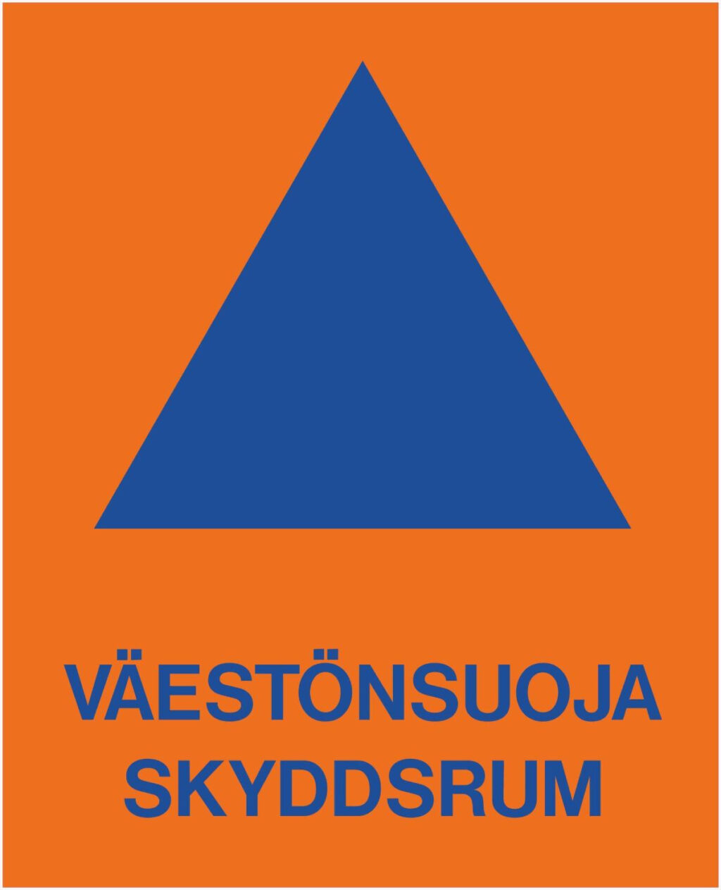 Väestönsuojan merkki: sininen kolmio oranssilla pohjalla.