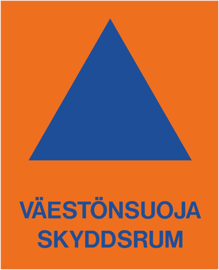 Väestönsuojan merkki: sininen kolmio oranssilla pohjalla.