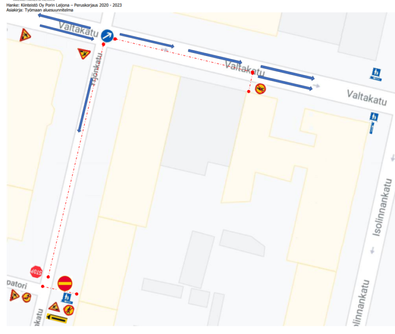 Karttakuva Valtakadun suljettavasta kaistasta