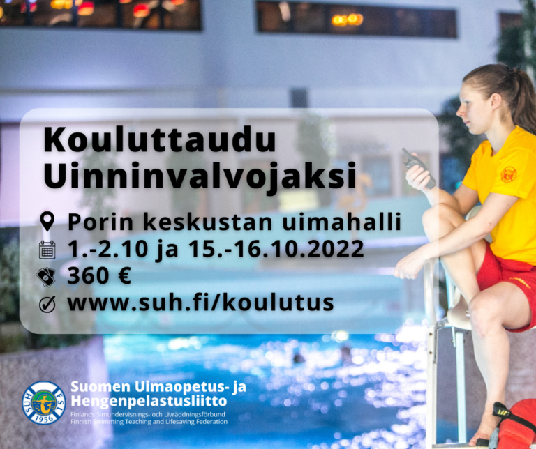 Mainos uinninvalvojakurssista jossa uinninvalvoja uimahallissa