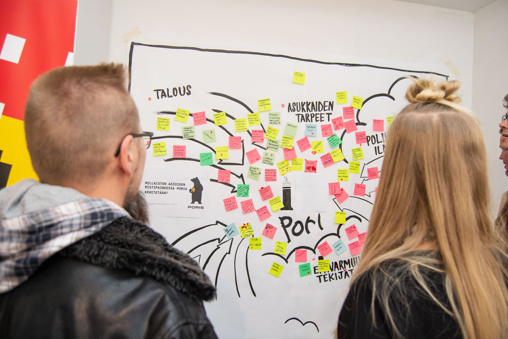 Valokuva Poriksessa post it -lapuista seinällä.