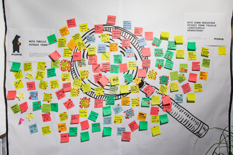 Valokuva Poriksessa post it -lapuista seinällä.