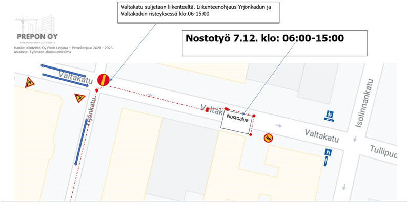 Karttakuva Valtakadun nostotöiden liikennejärjestelyistä