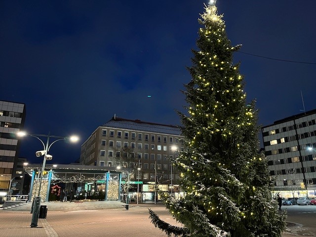 Koristeltu joulukuusi torilla
