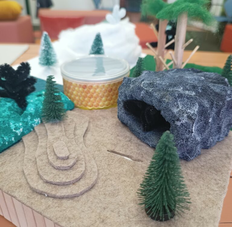 Kuva lautapelin yhdestä neljästä osiosta. Tässä osiossa ruskeaa huopaa maana, vihreitä kuusia ja harmaa luola, josta pilkistää pieni karhu.