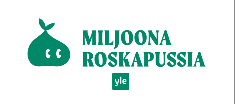 Valkoisella taustalla vihreällä piirretty roskapussi jolla on silmät. Sen vieressä oikealla teksti Miljoona roskapussia sekä sen alla ylen logo