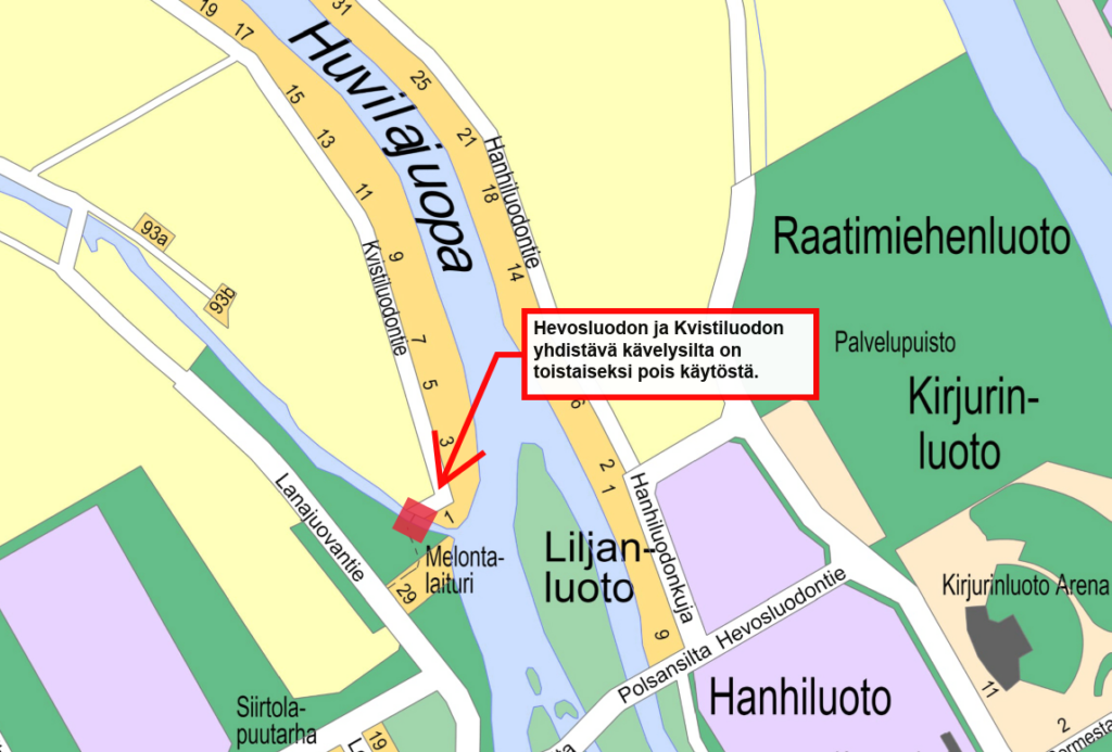 Karttakuvassa osoitettu punaisella kohta joka on pois käytöstä.