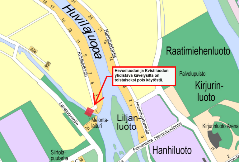 Karttakuvassa osoitettu punaisella kohta joka on pois käytöstä.