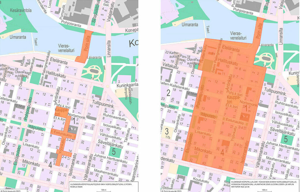 Kartta sähköpotkulautojen rajoitetun nopeuden alueesta päivällä ja viikonloppuöisin