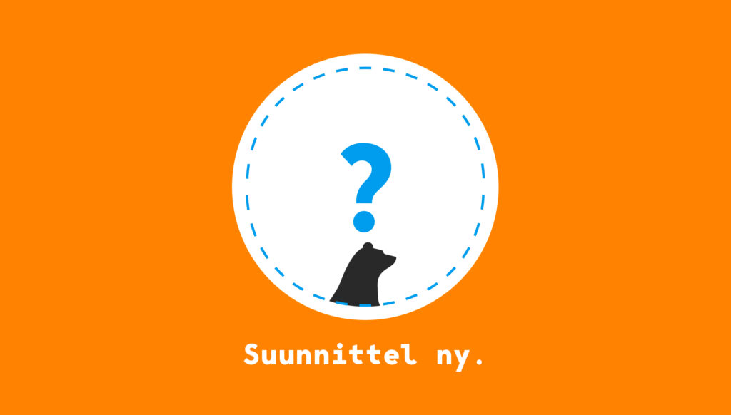 Karhukuva haalarimerkistä, josta pilkistää karhu kysymysmerkki päänsä yläpuolella. Teksti "suunnittel ny."