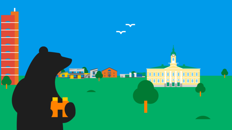 Piirretty karhu kiikareiden kanssa, taustalla erilaisia tunnettuja porilaisia rakennuksia.