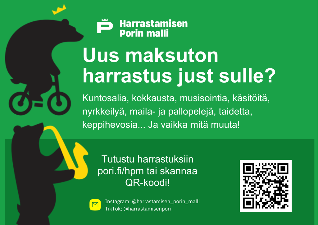 Harrastamisen Porin mallin mainos lukuvuodelle 2025 - 2026.