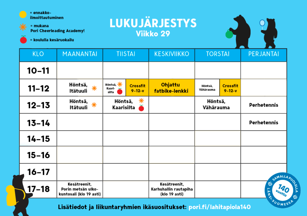Kesäliikunnan lukujärjestys viikko 29