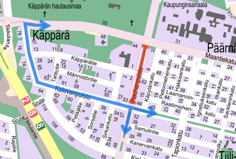Karttakuva Rauhanpuiston liikennejärjestelyistä