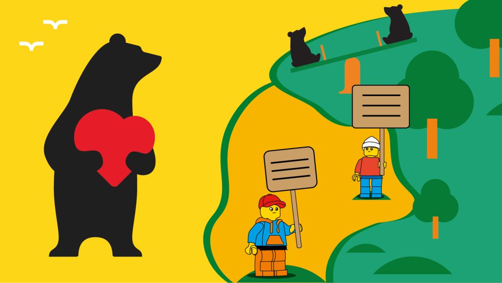 Lapsiperheet ja päättäjät kirjastossa -tapahtuman kuvituskuva: Pori-karhu ja legoukkoja