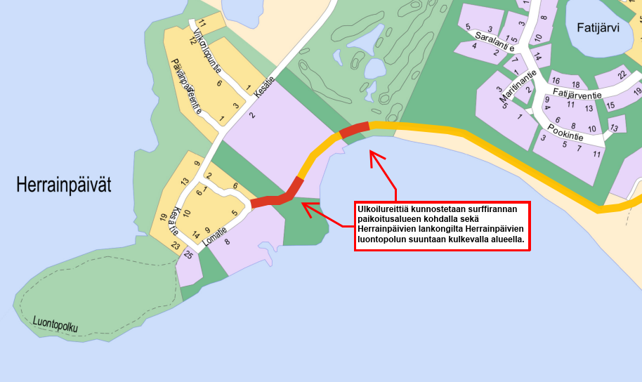 Karttakuva Herrainpäivien ulkoilureitin kunnostettavista osuuksista