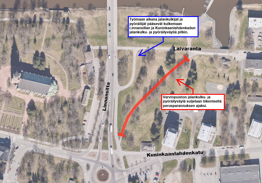 Karttakuva Varvinpuiston jalankulku- ja pyöräilyväylän peruskorjauksen työmaa-alueesta