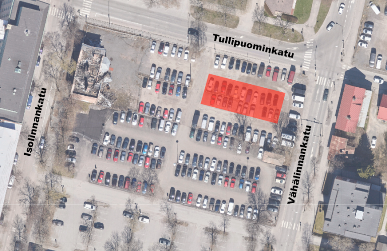 Karttakuva töiden ajaksi käytöstä poistuvista autopaikoista