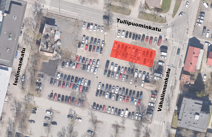 Karttakuva töiden ajaksi käytöstä poistuvista autopaikoista