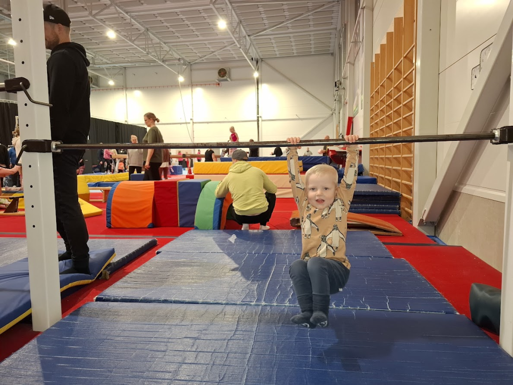 Varhaiskasvatuksen perhetemppuilua, pieni lapsi roikkuu tangosta